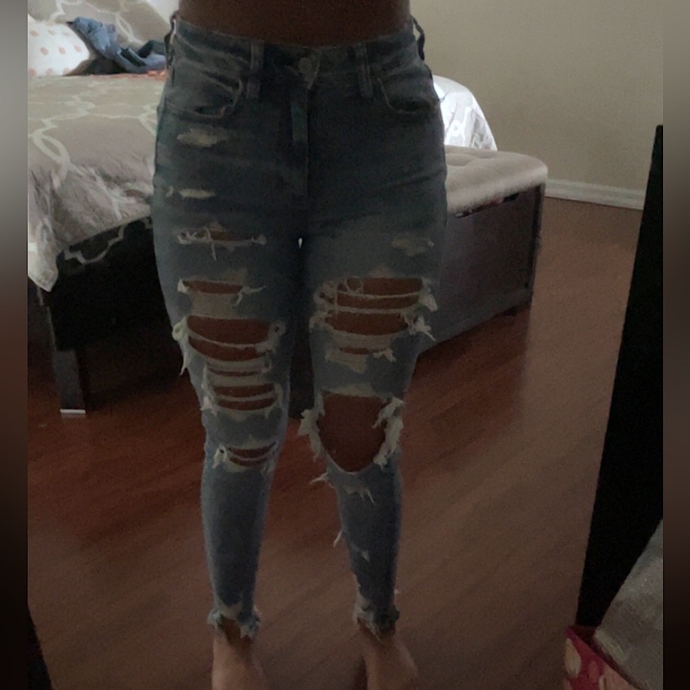 Light blue ripped skinny high waisted jeans from ae